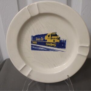 Vintage Santa Fe Train Design Ashtray - Cream and Blue